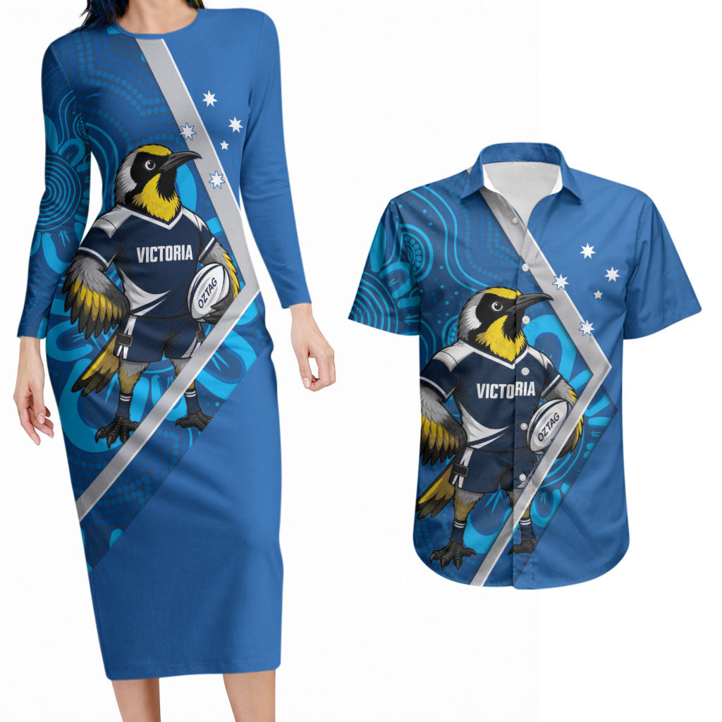 Victoria Oztag Custom Couples Matching Long Sleeve Bodycon Dress and Hawaiian Shirt Helmeted Honeyeater Mascot Indigenous Art