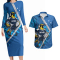 Victoria Oztag Custom Couples Matching Long Sleeve Bodycon Dress and Hawaiian Shirt Helmeted Honeyeater Mascot Indigenous Art