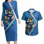 Victoria Oztag Custom Couples Matching Long Sleeve Bodycon Dress and Hawaiian Shirt Helmeted Honeyeater Mascot Indigenous Art