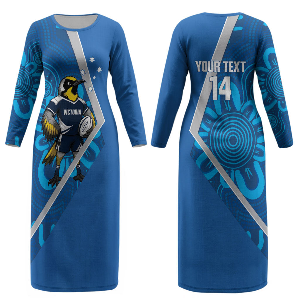 Victoria Oztag Custom Couples Matching Long Sleeve Bodycon Dress and Hawaiian Shirt Helmeted Honeyeater Mascot Indigenous Art