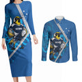 Victoria Oztag Custom Couples Matching Long Sleeve Bodycon Dress and Long Sleeve Button Shirt Helmeted Honeyeater Mascot Indigenous Art