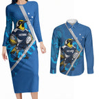 Victoria Oztag Custom Couples Matching Long Sleeve Bodycon Dress and Long Sleeve Button Shirt Helmeted Honeyeater Mascot Indigenous Art