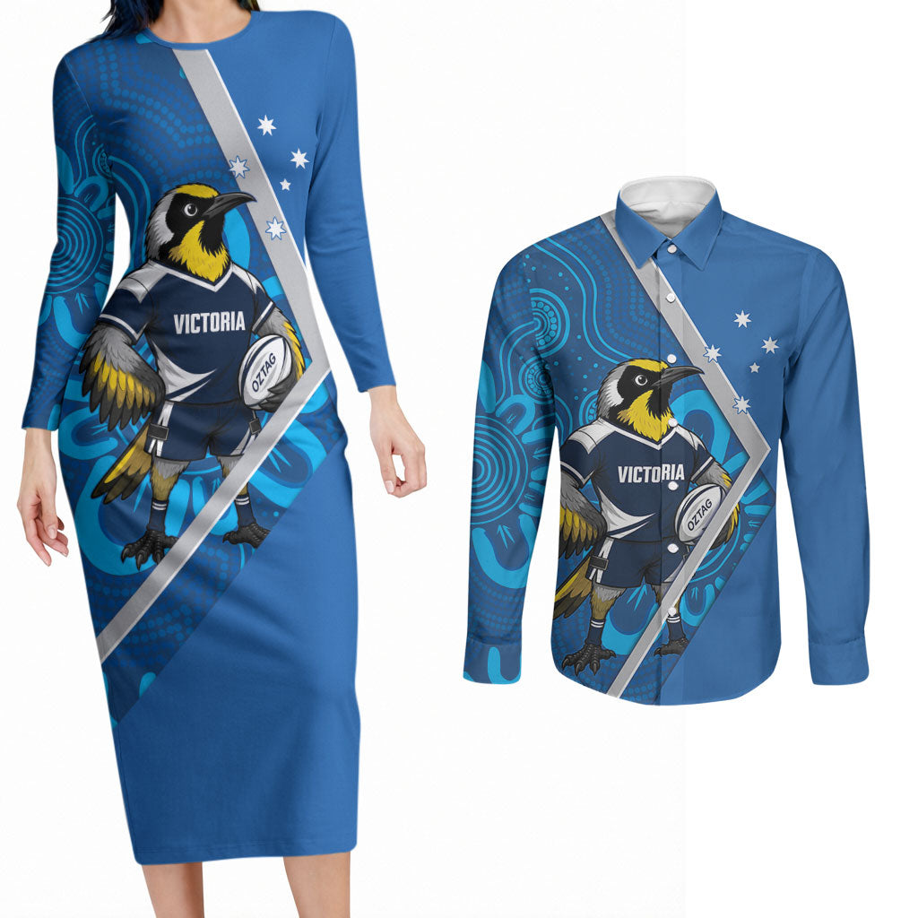 Victoria Oztag Custom Couples Matching Long Sleeve Bodycon Dress and Long Sleeve Button Shirt Helmeted Honeyeater Mascot Indigenous Art