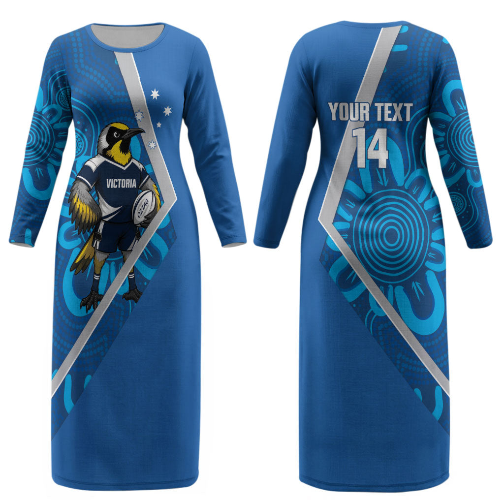 Victoria Oztag Custom Couples Matching Long Sleeve Bodycon Dress and Long Sleeve Button Shirt Helmeted Honeyeater Mascot Indigenous Art