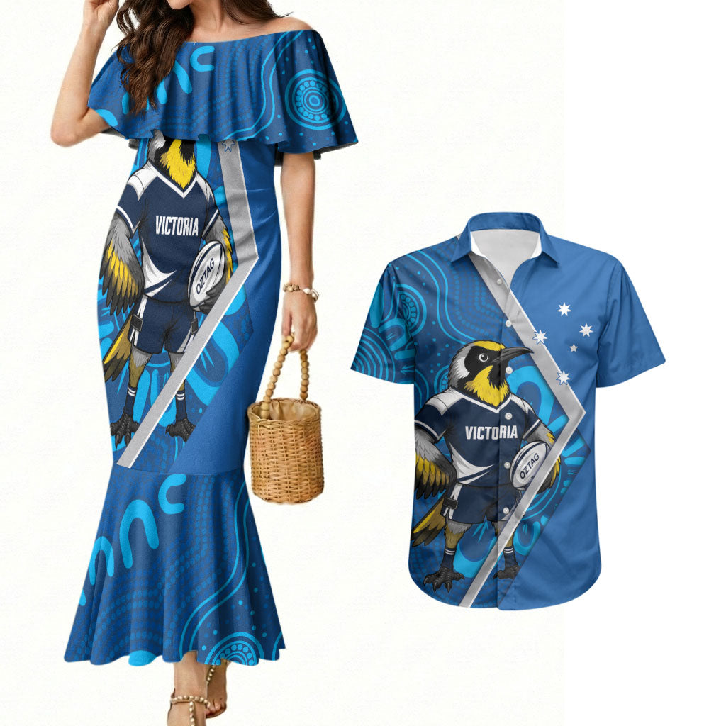 Victoria Oztag Custom Couples Matching Mermaid Dress and Hawaiian Shirt Helmeted Honeyeater Mascot Indigenous Art