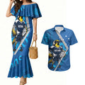 Victoria Oztag Custom Couples Matching Mermaid Dress and Hawaiian Shirt Helmeted Honeyeater Mascot Indigenous Art