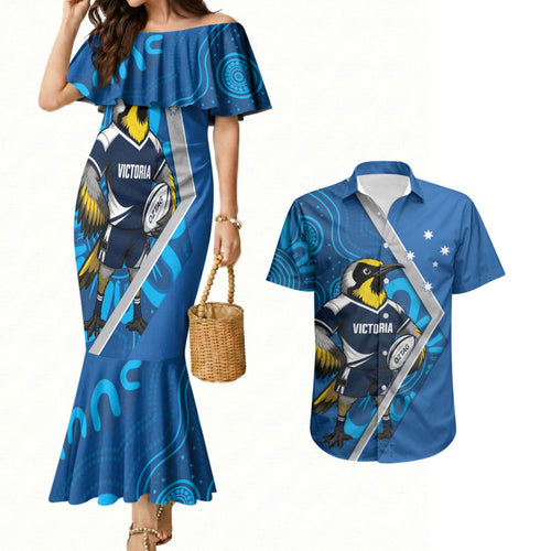 Victoria Oztag Custom Couples Matching Mermaid Dress and Hawaiian Shirt Helmeted Honeyeater Mascot Indigenous Art