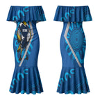 Victoria Oztag Custom Couples Matching Mermaid Dress and Hawaiian Shirt Helmeted Honeyeater Mascot Indigenous Art