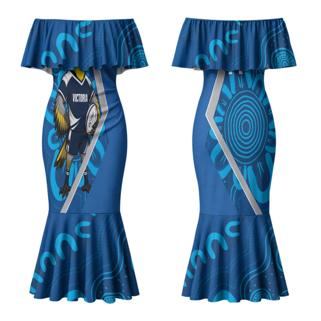 Victoria Oztag Custom Couples Matching Mermaid Dress and Hawaiian Shirt Helmeted Honeyeater Mascot Indigenous Art