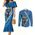 Victoria Oztag Custom Couples Matching Mermaid Dress and Long Sleeve Button Shirt Helmeted Honeyeater Mascot Indigenous Art