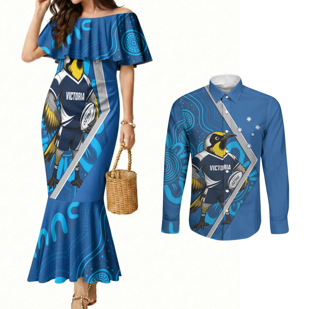 Victoria Oztag Custom Couples Matching Mermaid Dress and Long Sleeve Button Shirt Helmeted Honeyeater Mascot Indigenous Art