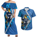 Victoria Oztag Custom Couples Matching Off Shoulder Maxi Dress and Hawaiian Shirt Helmeted Honeyeater Mascot Indigenous Art