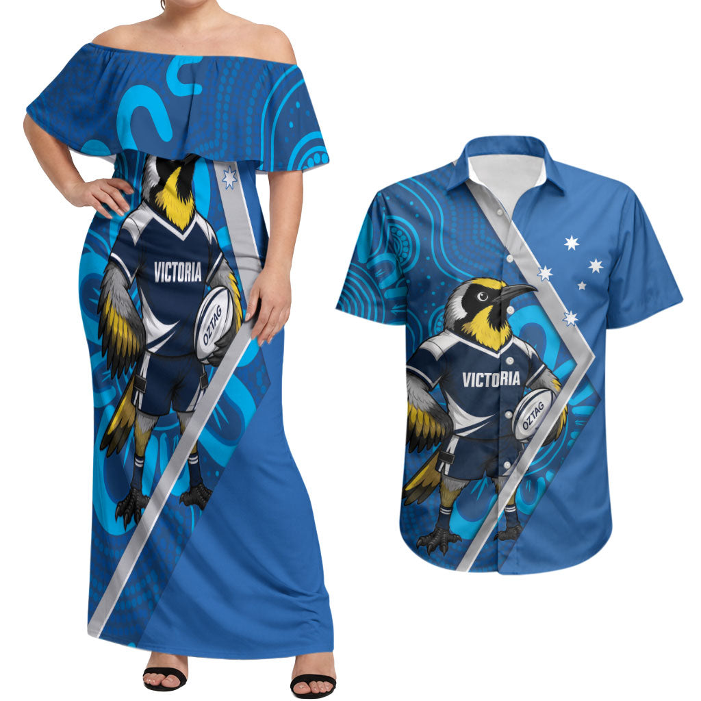 Victoria Oztag Custom Couples Matching Off Shoulder Maxi Dress and Hawaiian Shirt Helmeted Honeyeater Mascot Indigenous Art