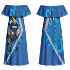 Victoria Oztag Custom Couples Matching Off Shoulder Maxi Dress and Hawaiian Shirt Helmeted Honeyeater Mascot Indigenous Art