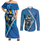 Victoria Oztag Custom Couples Matching Off Shoulder Maxi Dress and Long Sleeve Button Shirt Helmeted Honeyeater Mascot Indigenous Art