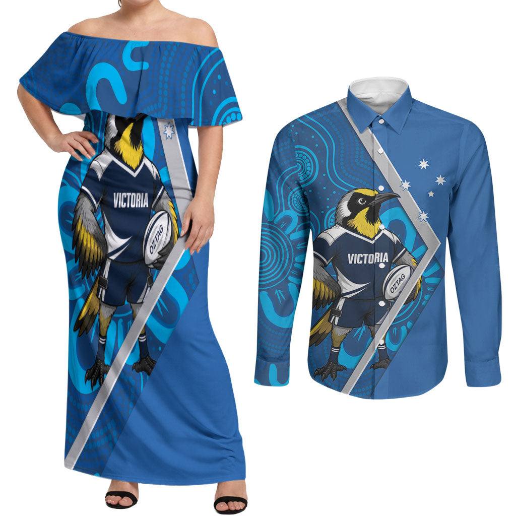 Victoria Oztag Custom Couples Matching Off Shoulder Maxi Dress and Long Sleeve Button Shirt Helmeted Honeyeater Mascot Indigenous Art