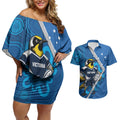 Victoria Oztag Custom Couples Matching Off Shoulder Short Dress and Hawaiian Shirt Helmeted Honeyeater Mascot Indigenous Art