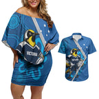 Victoria Oztag Custom Couples Matching Off Shoulder Short Dress and Hawaiian Shirt Helmeted Honeyeater Mascot Indigenous Art