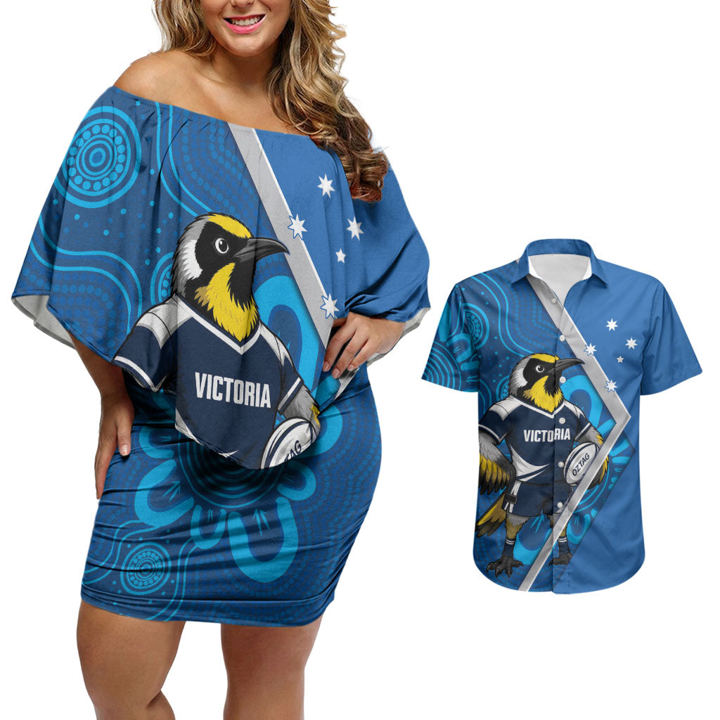 Victoria Oztag Custom Couples Matching Off Shoulder Short Dress and Hawaiian Shirt Helmeted Honeyeater Mascot Indigenous Art