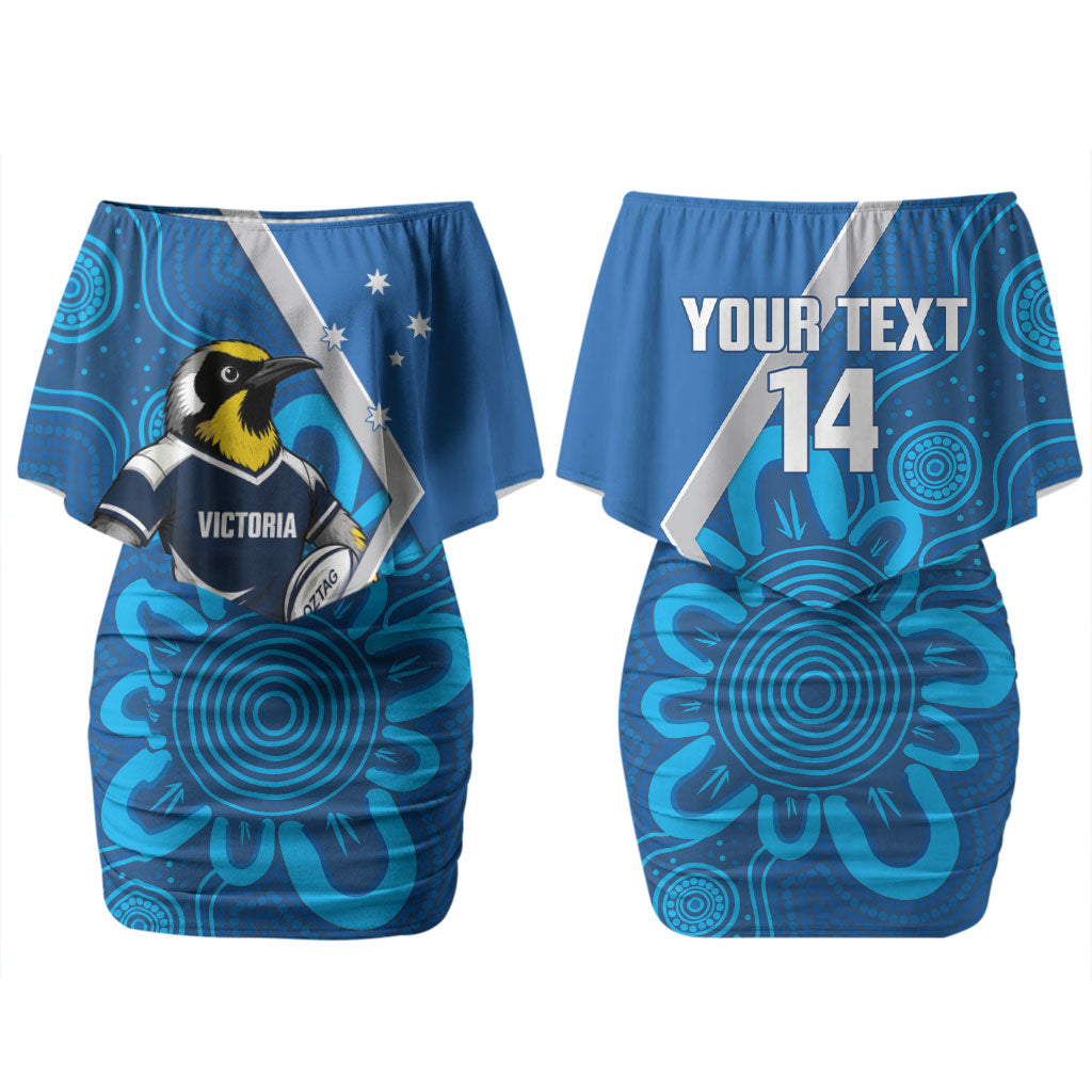Victoria Oztag Custom Couples Matching Off Shoulder Short Dress and Hawaiian Shirt Helmeted Honeyeater Mascot Indigenous Art