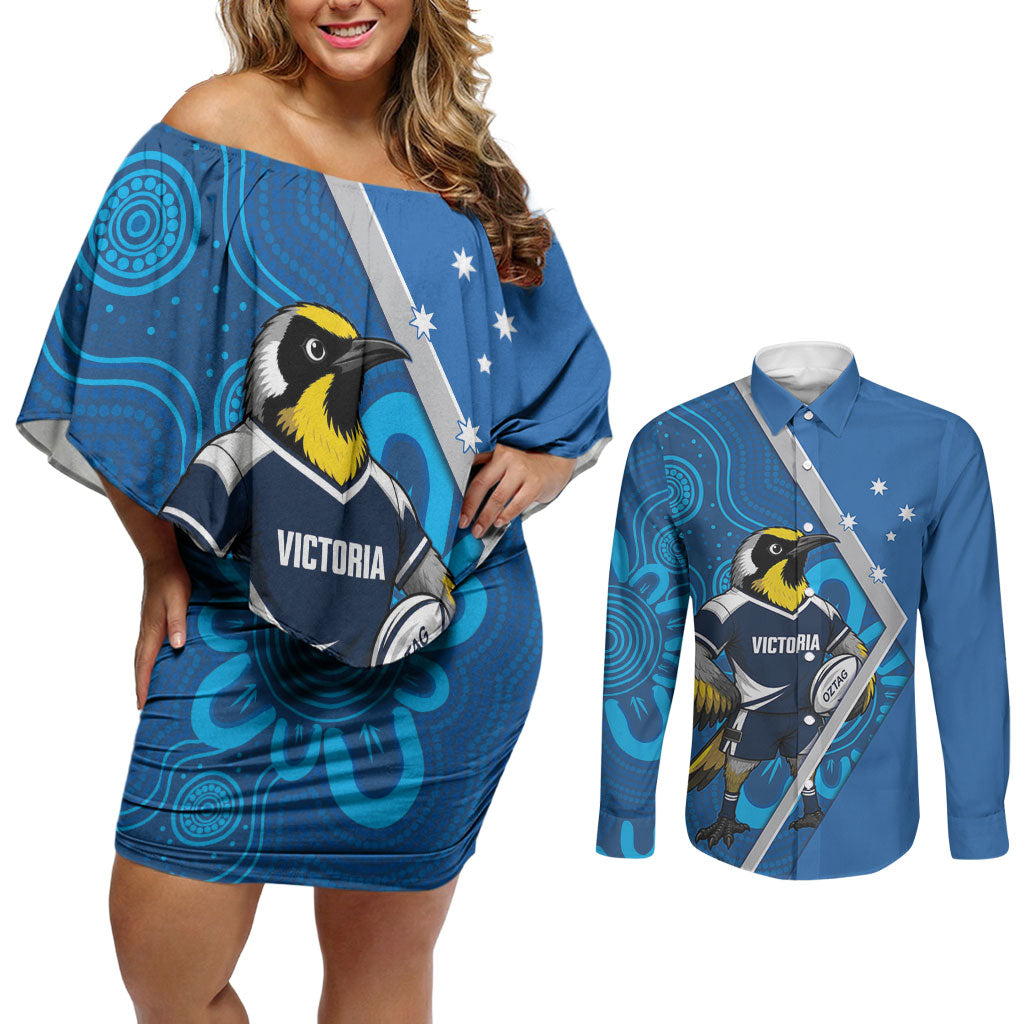 Victoria Oztag Custom Couples Matching Off Shoulder Short Dress and Long Sleeve Button Shirt Helmeted Honeyeater Mascot Indigenous Art