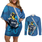 Victoria Oztag Custom Couples Matching Off Shoulder Short Dress and Long Sleeve Button Shirt Helmeted Honeyeater Mascot Indigenous Art