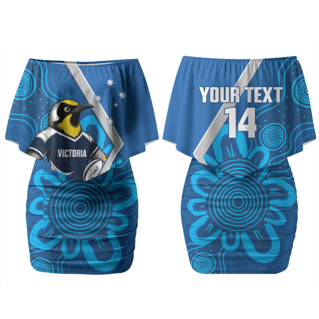 Victoria Oztag Custom Couples Matching Off Shoulder Short Dress and Long Sleeve Button Shirt Helmeted Honeyeater Mascot Indigenous Art