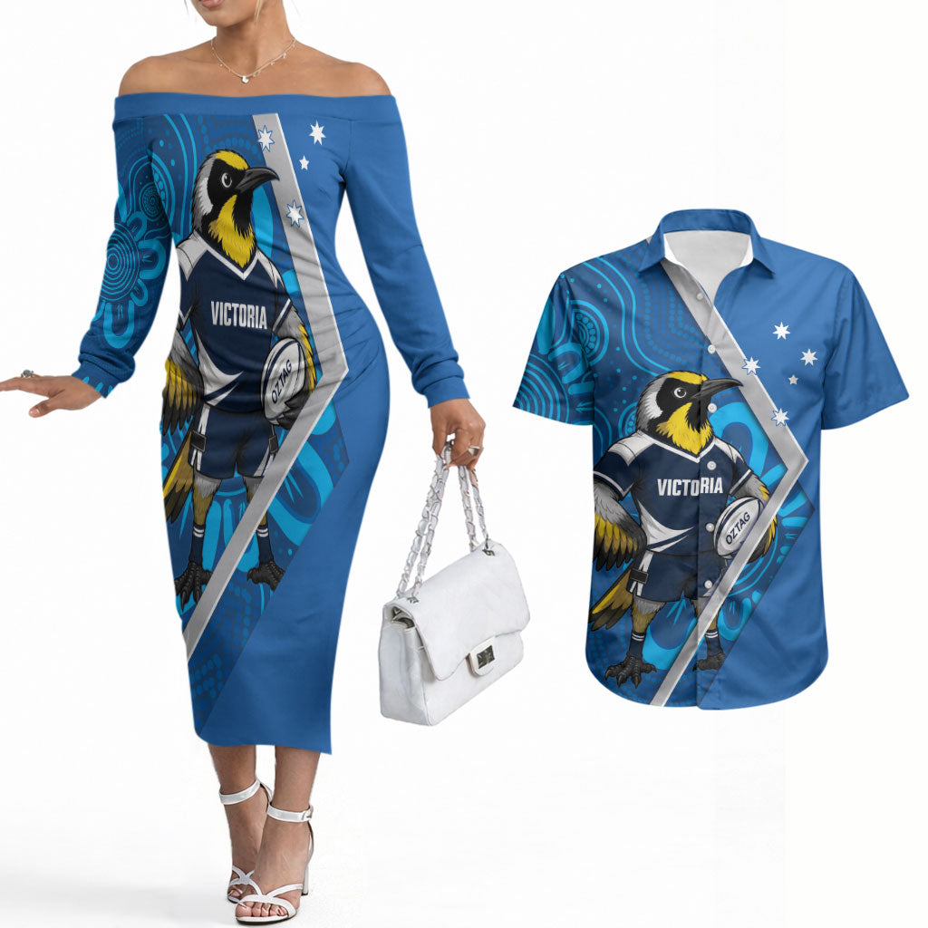 Victoria Oztag Custom Couples Matching Off The Shoulder Long Sleeve Dress and Hawaiian Shirt Helmeted Honeyeater Mascot Indigenous Art