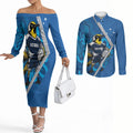 Victoria Oztag Custom Couples Matching Off The Shoulder Long Sleeve Dress and Long Sleeve Button Shirt Helmeted Honeyeater Mascot Indigenous Art