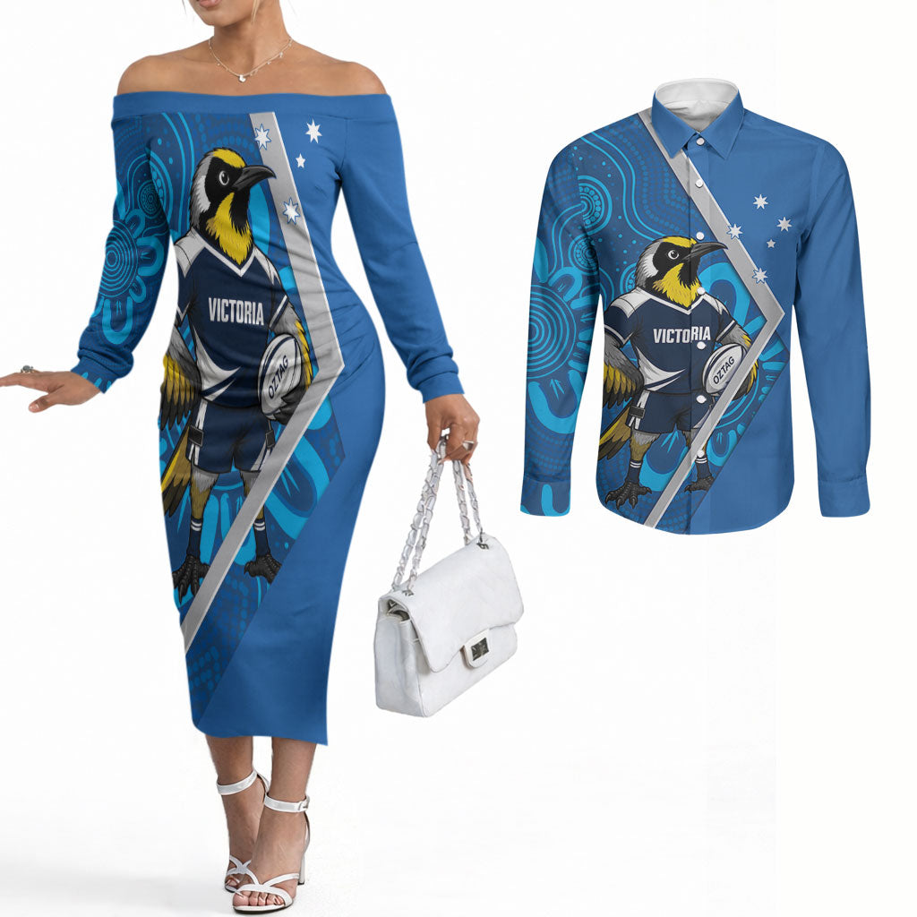 Victoria Oztag Custom Couples Matching Off The Shoulder Long Sleeve Dress and Long Sleeve Button Shirt Helmeted Honeyeater Mascot Indigenous Art
