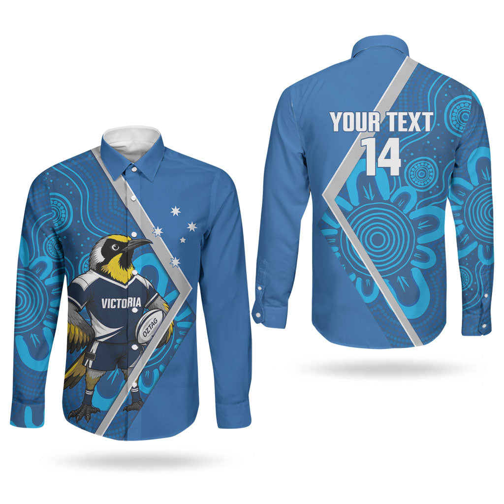 Victoria Oztag Custom Couples Matching Off The Shoulder Long Sleeve Dress and Long Sleeve Button Shirt Helmeted Honeyeater Mascot Indigenous Art