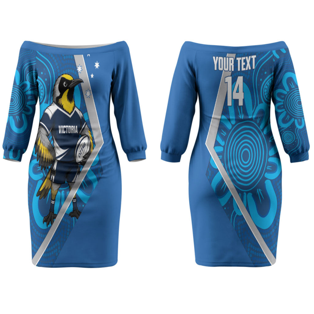 Victoria Oztag Custom Couples Matching Off The Shoulder Long Sleeve Dress and Long Sleeve Button Shirt Helmeted Honeyeater Mascot Indigenous Art