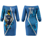 Victoria Oztag Custom Couples Matching Off The Shoulder Long Sleeve Dress and Long Sleeve Button Shirt Helmeted Honeyeater Mascot Indigenous Art