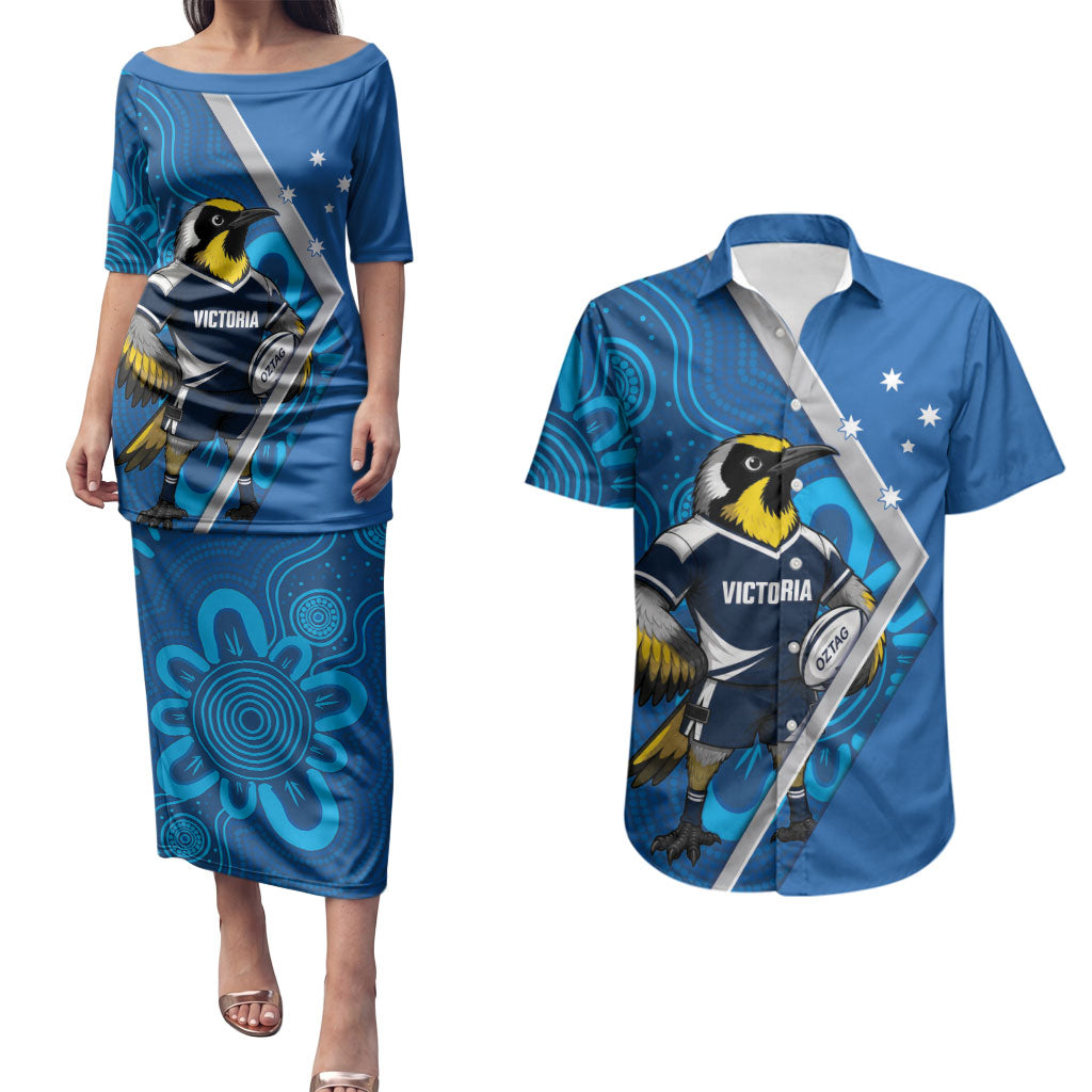 Victoria Oztag Custom Couples Matching Puletasi and Hawaiian Shirt Helmeted Honeyeater Mascot Indigenous Art