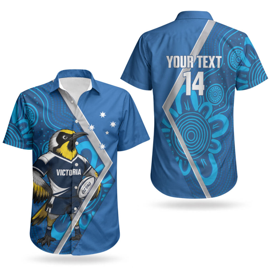 Victoria Oztag Custom Couples Matching Puletasi and Hawaiian Shirt Helmeted Honeyeater Mascot Indigenous Art