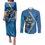 Victoria Oztag Custom Couples Matching Puletasi and Long Sleeve Button Shirt Helmeted Honeyeater Mascot Indigenous Art