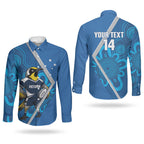 Victoria Oztag Custom Couples Matching Puletasi and Long Sleeve Button Shirt Helmeted Honeyeater Mascot Indigenous Art