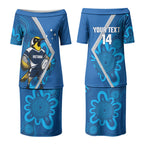 Victoria Oztag Custom Couples Matching Puletasi and Long Sleeve Button Shirt Helmeted Honeyeater Mascot Indigenous Art