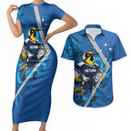 Victoria Oztag Custom Couples Matching Short Sleeve Bodycon Dress and Hawaiian Shirt Helmeted Honeyeater Mascot Indigenous Art