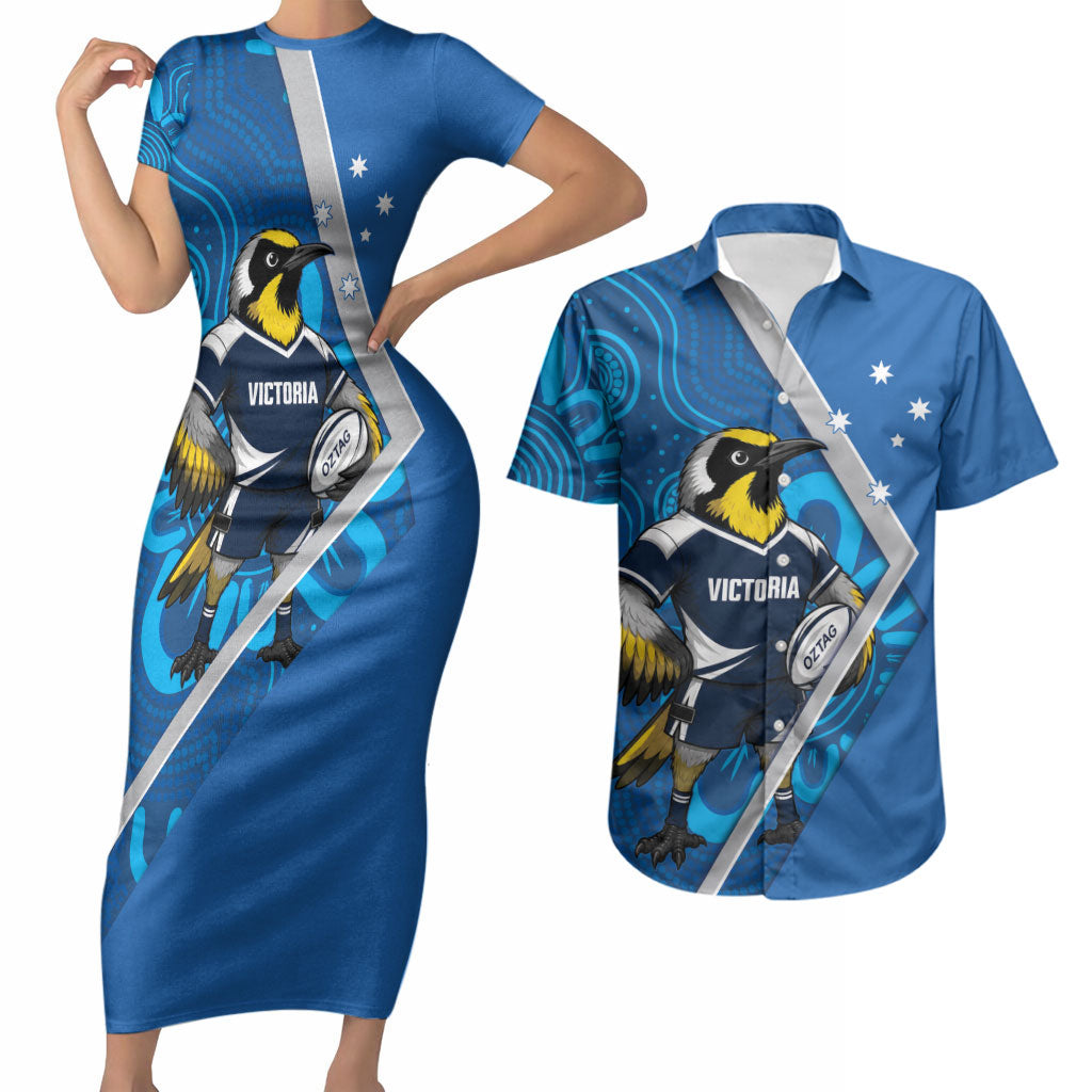 Victoria Oztag Custom Couples Matching Short Sleeve Bodycon Dress and Hawaiian Shirt Helmeted Honeyeater Mascot Indigenous Art