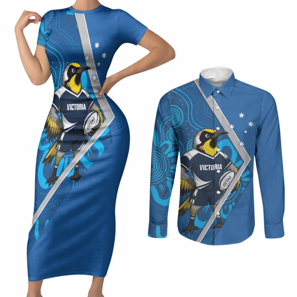 Victoria Oztag Custom Couples Matching Short Sleeve Bodycon Dress and Long Sleeve Button Shirt Helmeted Honeyeater Mascot Indigenous Art