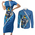 Victoria Oztag Custom Couples Matching Short Sleeve Bodycon Dress and Long Sleeve Button Shirt Helmeted Honeyeater Mascot Indigenous Art