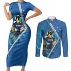 Victoria Oztag Custom Couples Matching Short Sleeve Bodycon Dress and Long Sleeve Button Shirt Helmeted Honeyeater Mascot Indigenous Art