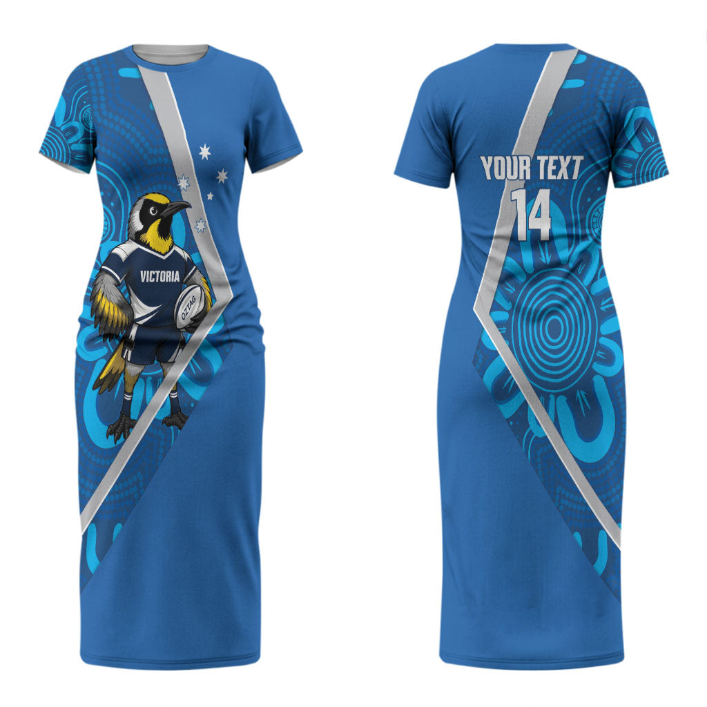 Victoria Oztag Custom Couples Matching Short Sleeve Bodycon Dress and Long Sleeve Button Shirt Helmeted Honeyeater Mascot Indigenous Art