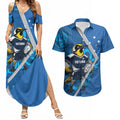 Victoria Oztag Custom Couples Matching Summer Maxi Dress and Hawaiian Shirt Helmeted Honeyeater Mascot Indigenous Art