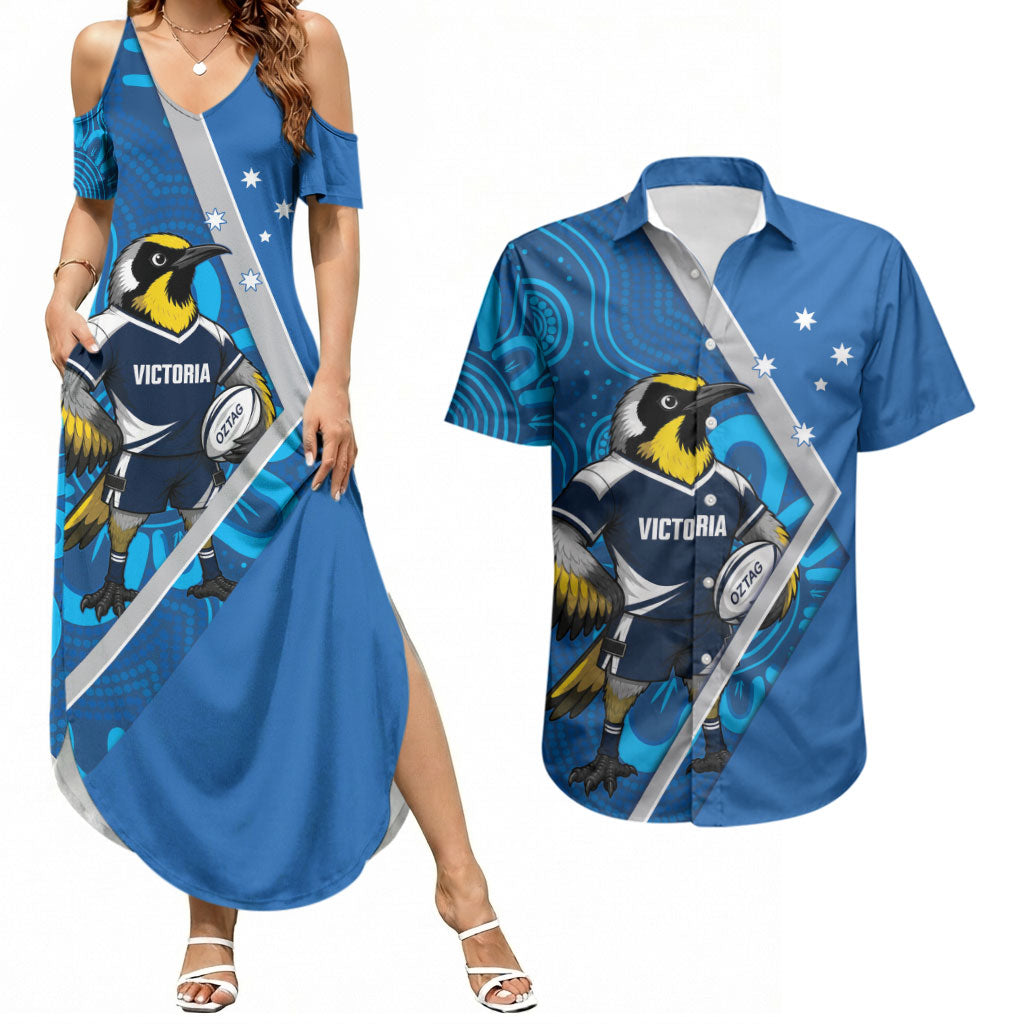 Victoria Oztag Custom Couples Matching Summer Maxi Dress and Hawaiian Shirt Helmeted Honeyeater Mascot Indigenous Art