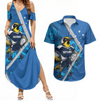 Victoria Oztag Custom Couples Matching Summer Maxi Dress and Hawaiian Shirt Helmeted Honeyeater Mascot Indigenous Art