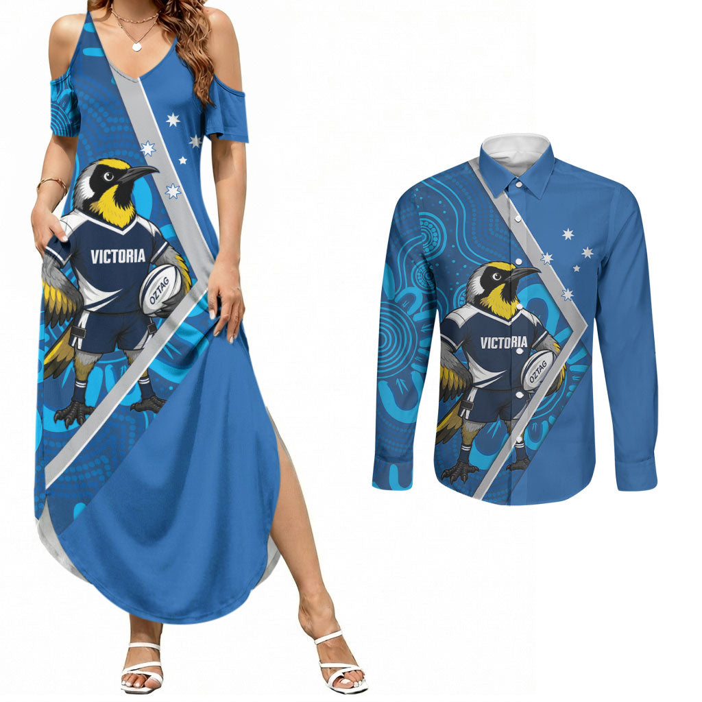 Victoria Oztag Custom Couples Matching Summer Maxi Dress and Long Sleeve Button Shirt Helmeted Honeyeater Mascot Indigenous Art