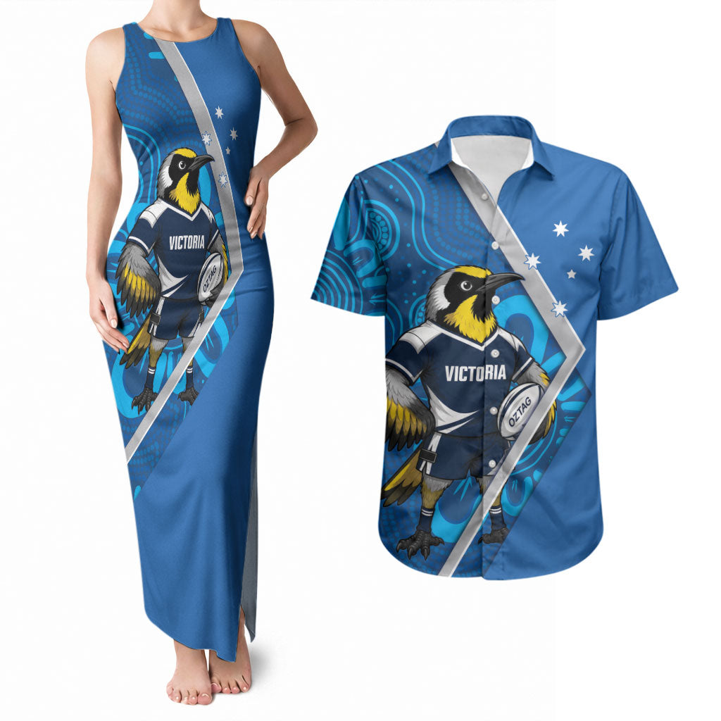 Victoria Oztag Custom Couples Matching Tank Maxi Dress and Hawaiian Shirt Helmeted Honeyeater Mascot Indigenous Art