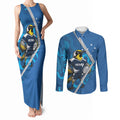 Victoria Oztag Custom Couples Matching Tank Maxi Dress and Long Sleeve Button Shirt Helmeted Honeyeater Mascot Indigenous Art